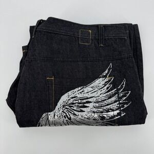 Karl Kani Baggy Jeans Black Denim Silver Angel Wings Mens 42x32 Y2K Streetwear